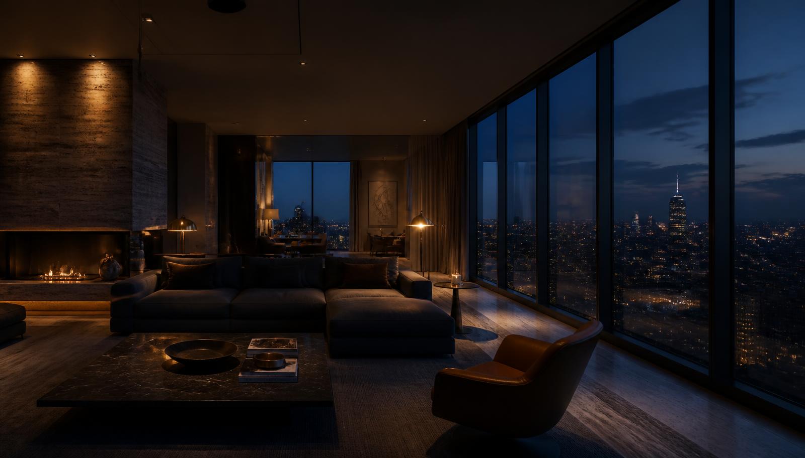 Luxury penthouse with warm architectural lighting and expansive city views at twilight